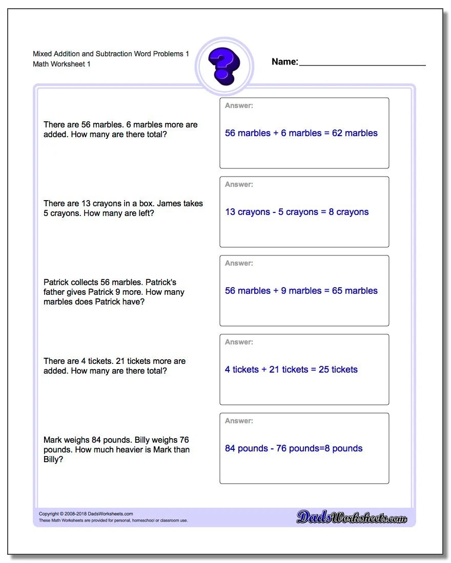 Math Worksheets For Grade 1 Addition And Subtraction Word Problems