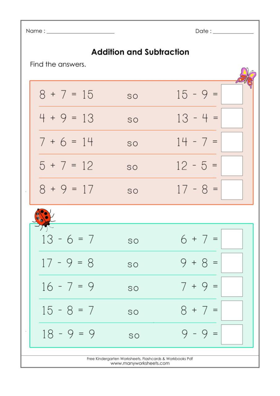 Kindergarten Adding & Subtracting Worksheets Reverse Addition and