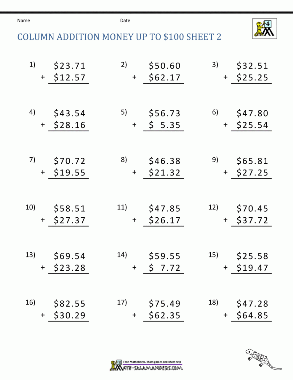 Money Addition Worksheets Year 3