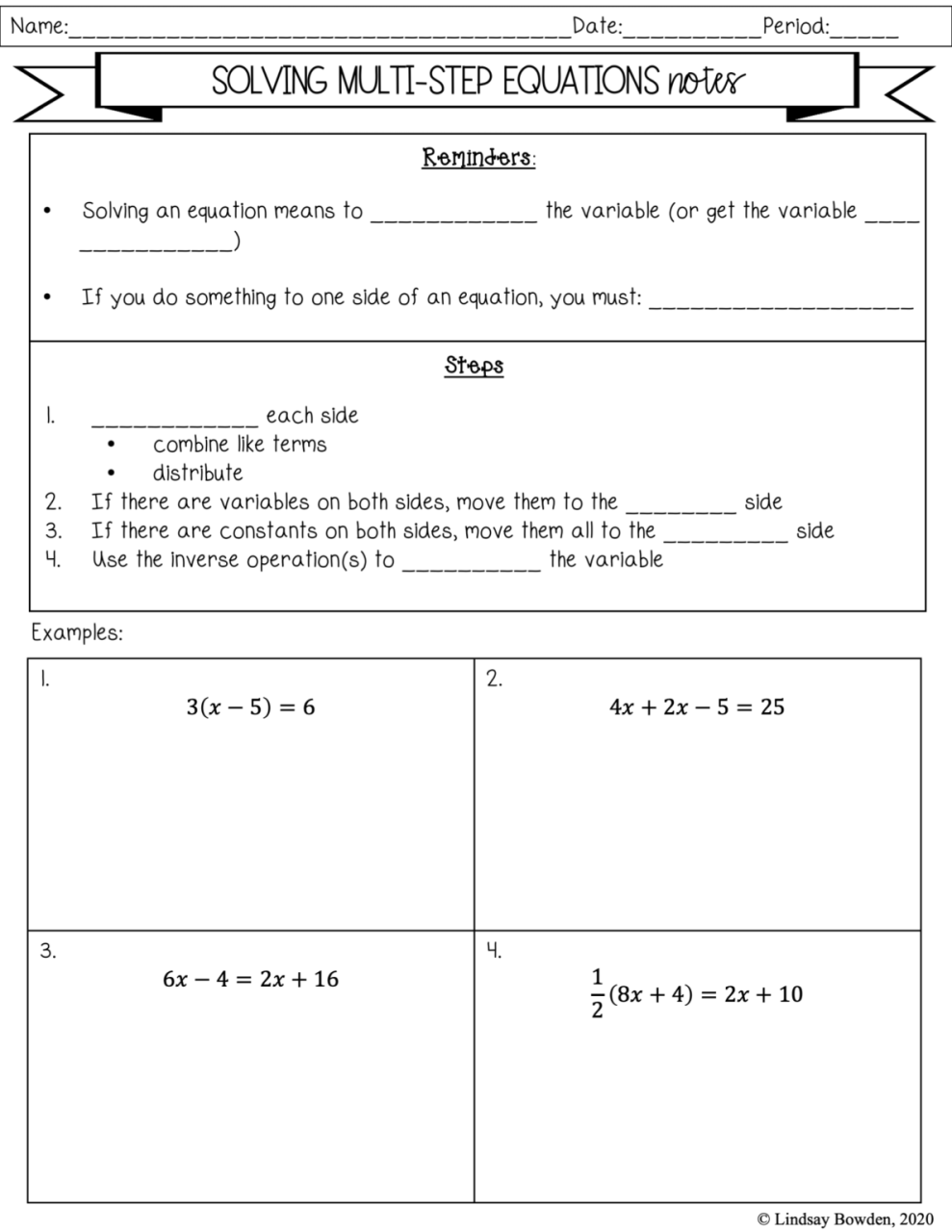MultiStep Equation Notes and Worksheets Lindsay Bowden