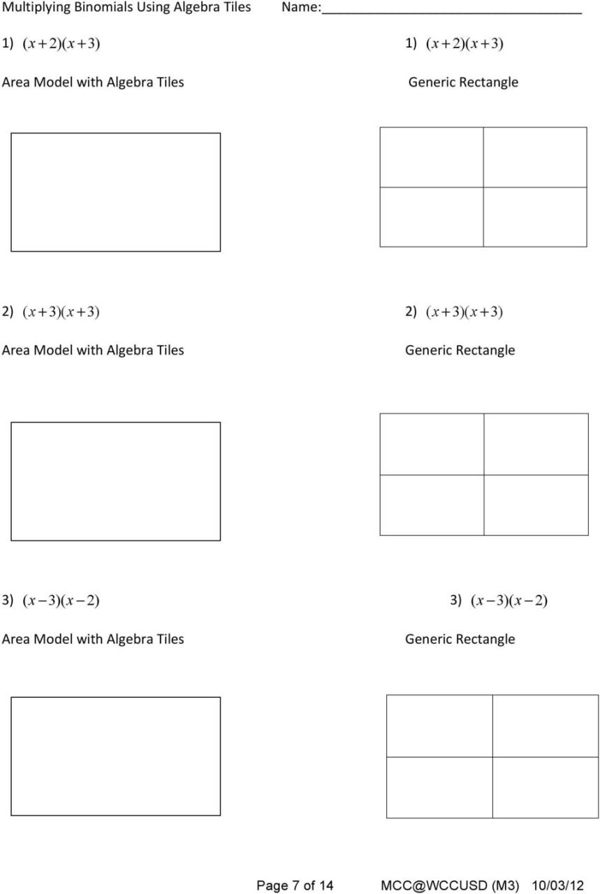 Multiplying Polynomials Using Algebra Tiles Worksheet Answers Algebra