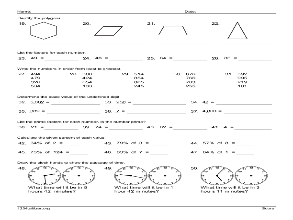 Grade Four Mix Math Review Worksheet for 4th Grade Lesson
