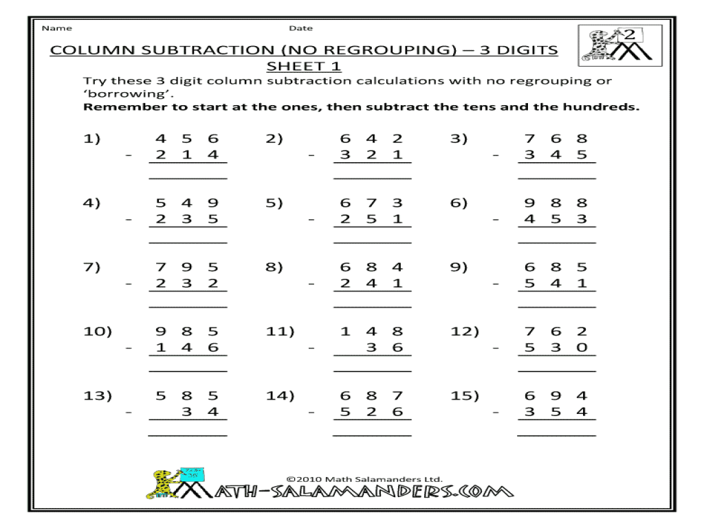 Column Subtraction (No Regrouping) 3digits Sheet 1 Worksheet for 2nd