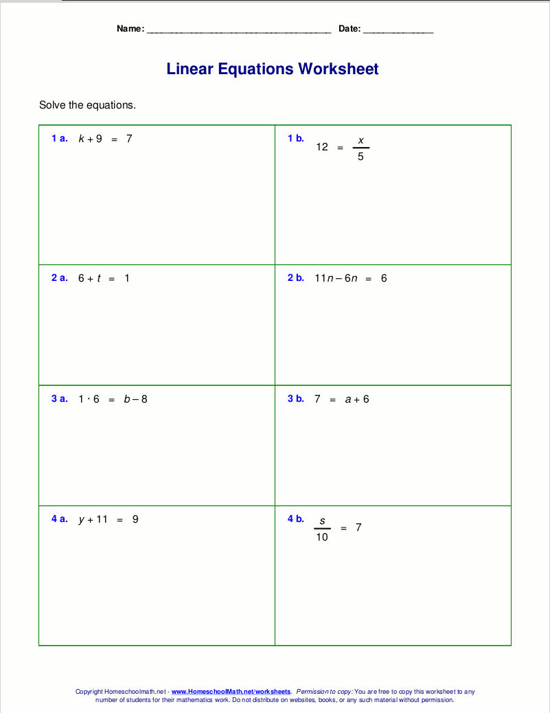 One And Two Step Algebraic Equations Worksheets