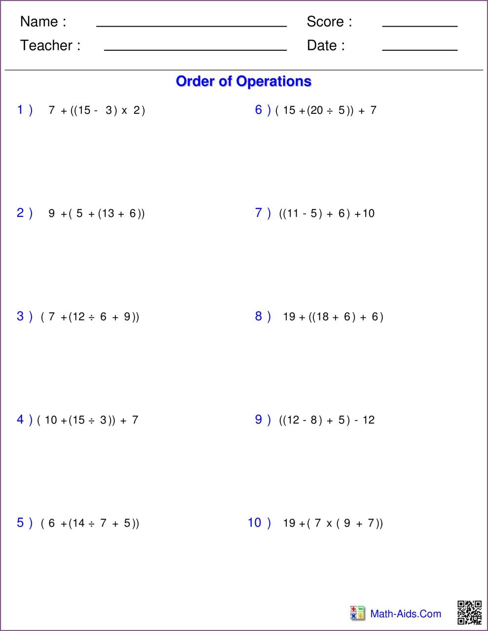 5th Grade Order Of Operations With Exponents Worksheet Pdf Worksheet