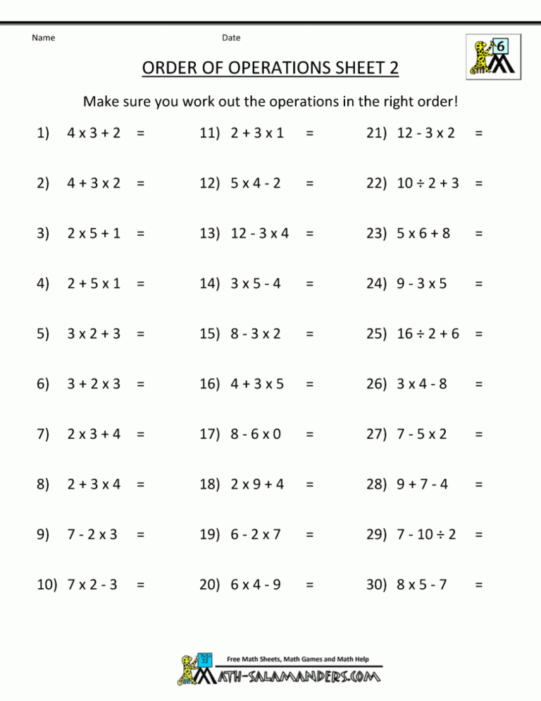 Math Order Of Operations Worksheets Pdf