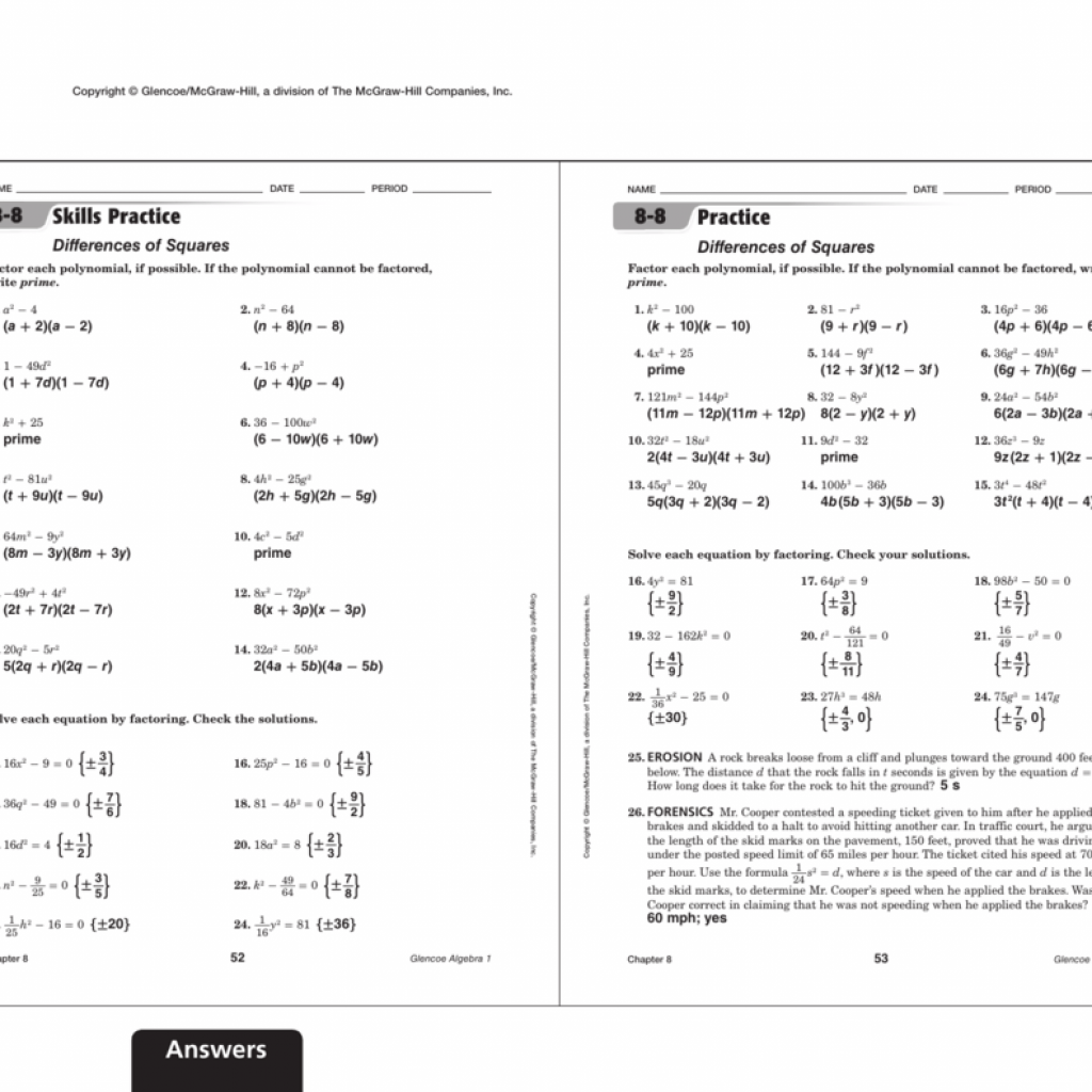 Glencoe Algebra 1 Practice Worksheets Algebra Worksheets Free Download