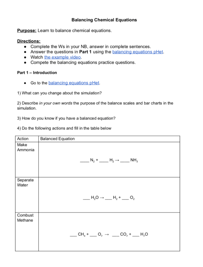 Phet Simulation Balancing Chemical Equations Worksheet Answers Pdf