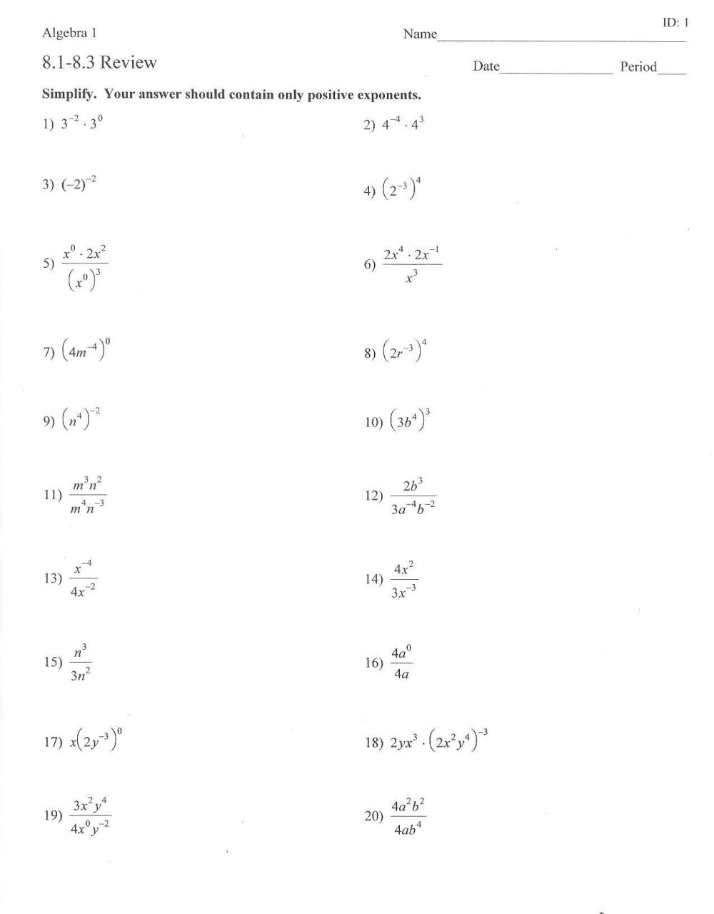 Properties Of Exponents Worksheet Algebra 1 Answers Algebra