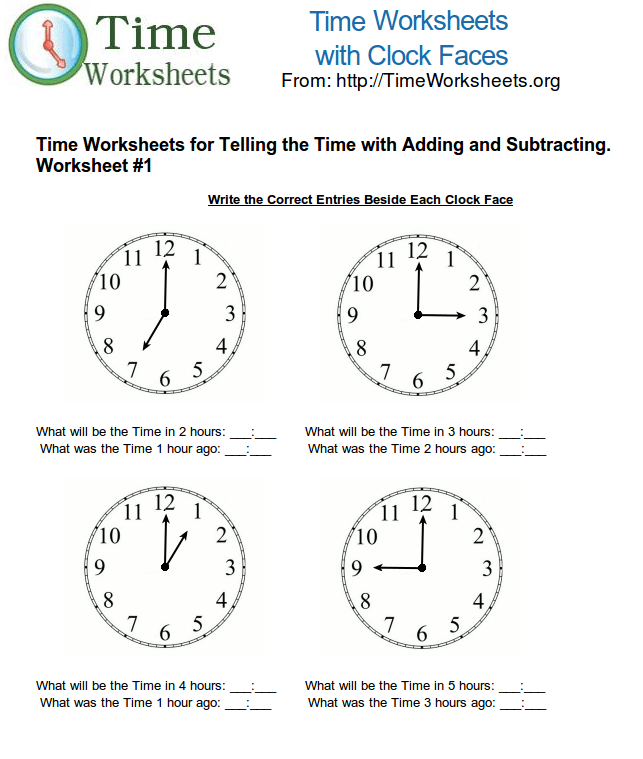 Time Math Worksheets for Telling Time with Subtracting and Adding 1