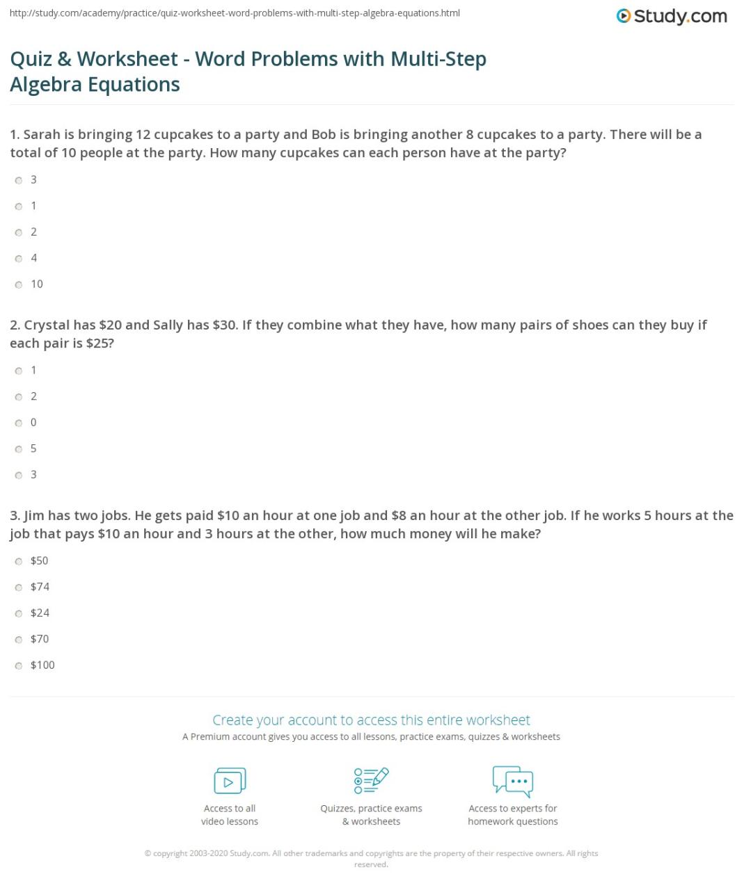 Multi Step Algebra Problems Worksheets