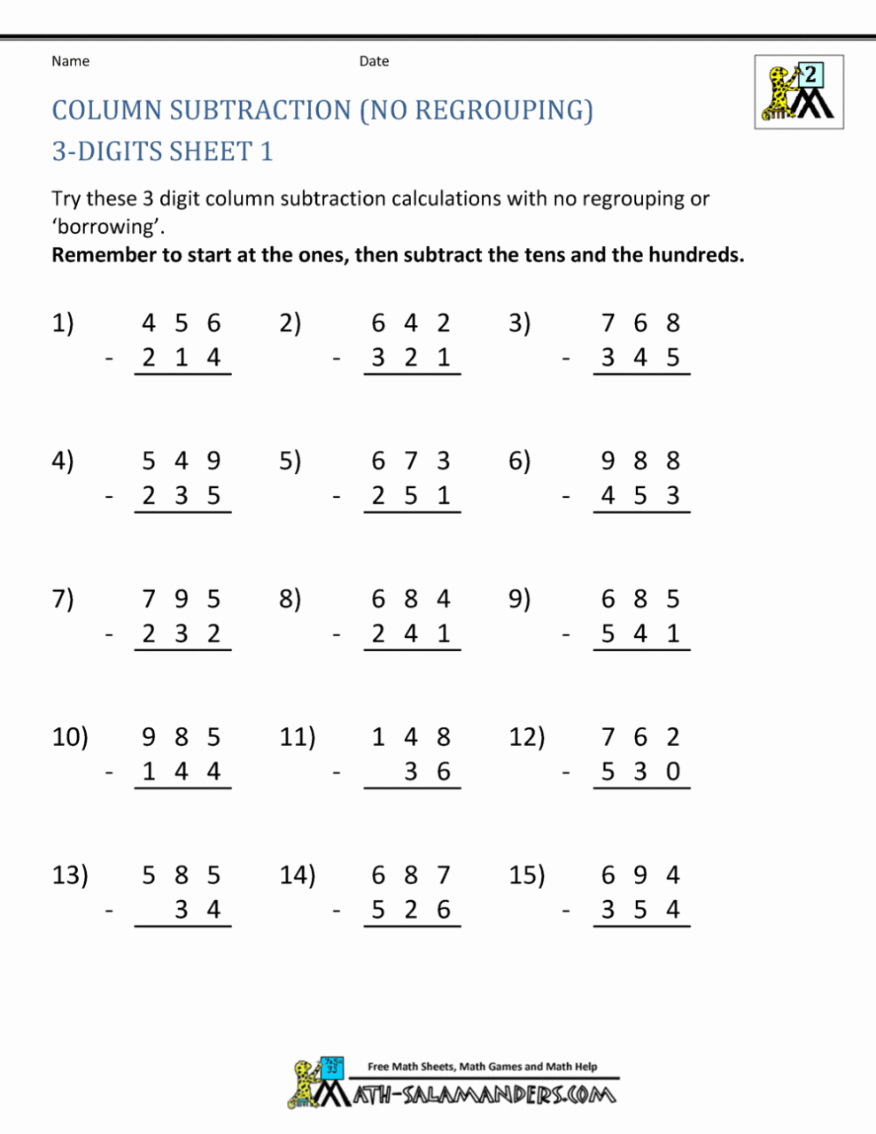 Subtraction Without Regrouping Worksheets For Grade 4 subtraction