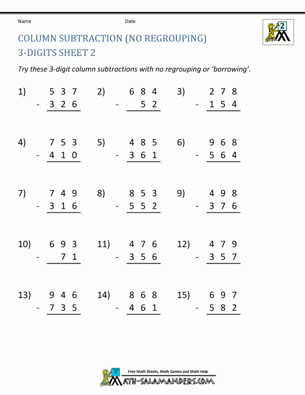 Math Worksheets Grade 2 Subtraction