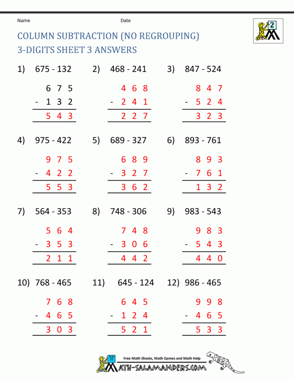 2Nd Grade Math 3 Digit Subtraction Worksheets