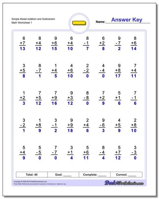 Simple Mixed Addition And Subtraction Worksheets