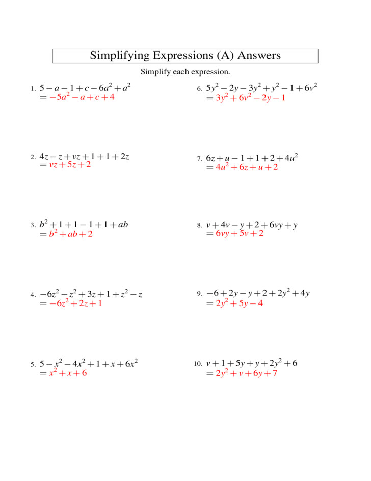 Worksheets On Algebraic Expressions