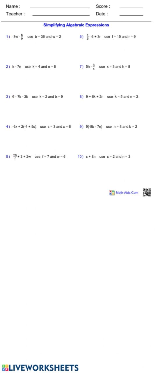 Grade 8 Algebraic Expressions Worksheet Pdf