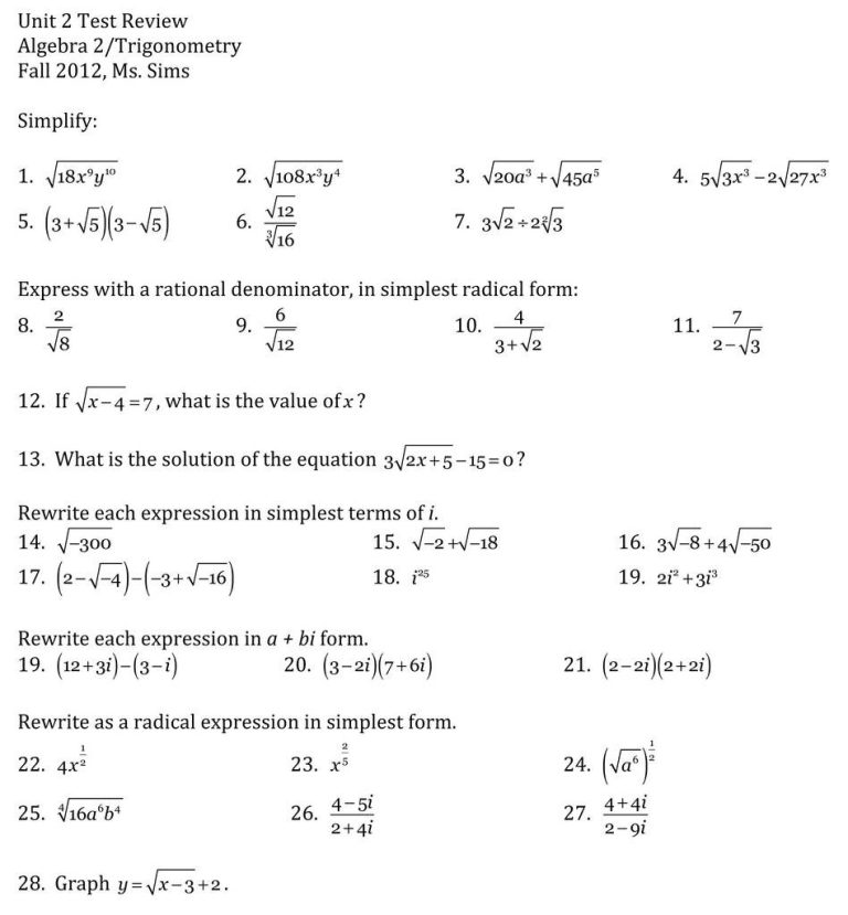 Algebra 1 Simplifying Radicals Worksheet Pdf