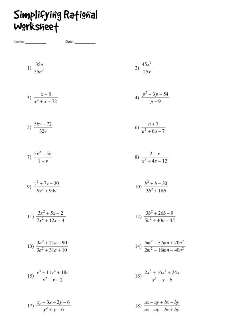 Algebra 1 Simplifying Rational Expressions Worksheet