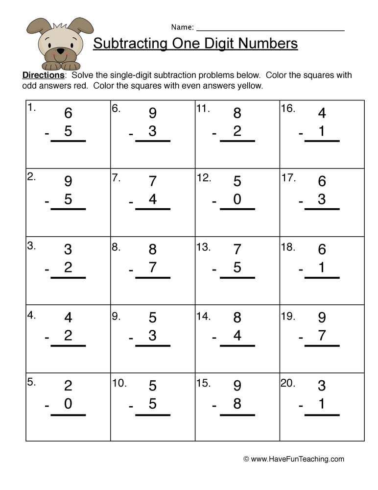 Single Digit Subtraction Worksheet • Have Fun Teaching
