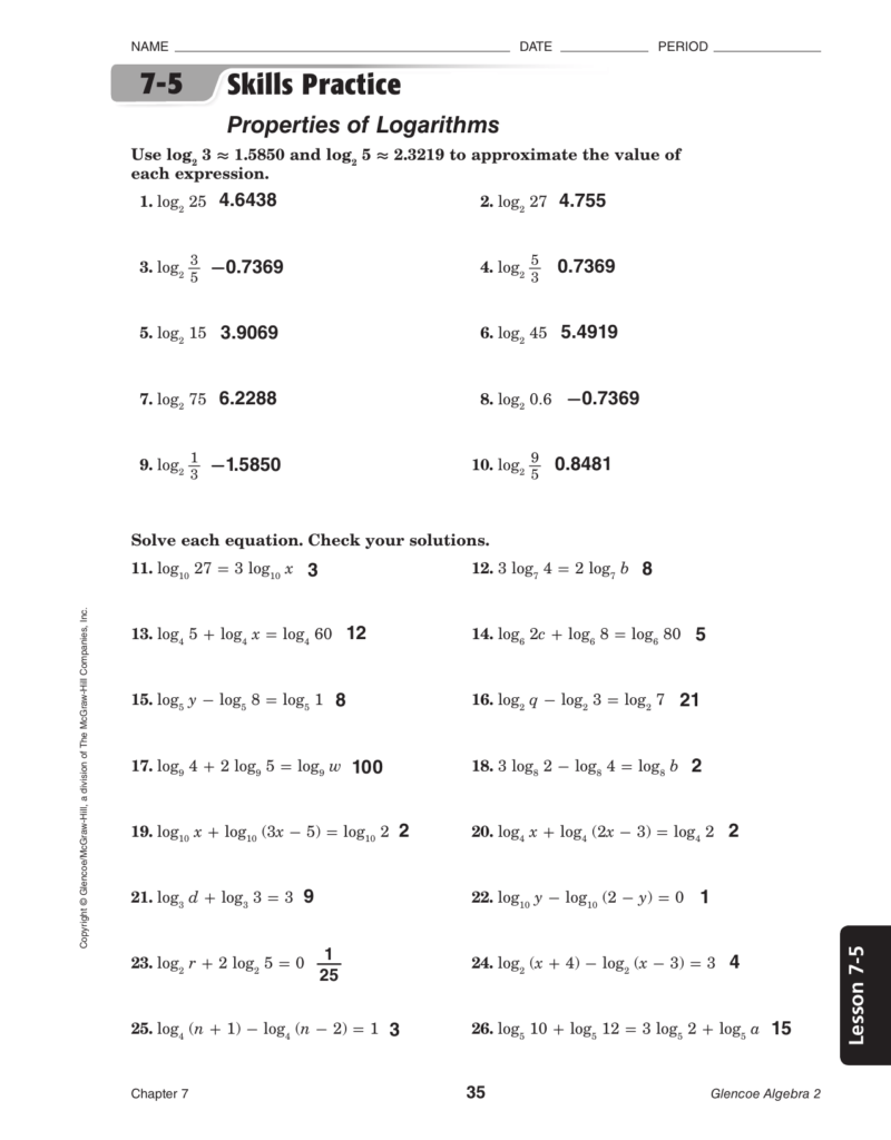 Glencoe Algebra 2 Properties Of Logarithms Worksheet Answers