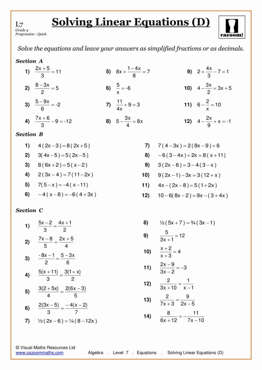 Algebra For 7Th Grade Worksheets