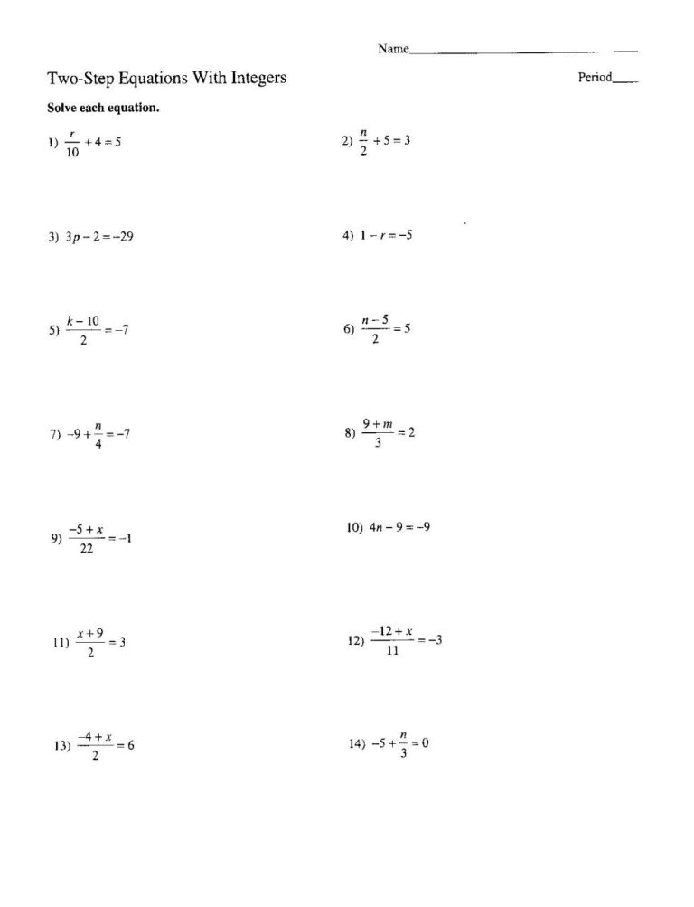 One-Step Equations Worksheet Answer Key