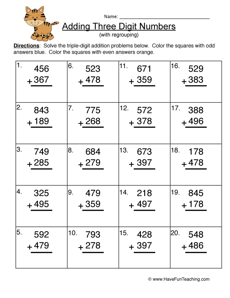 3 Digit Addition No Regrouping Free Worksheets