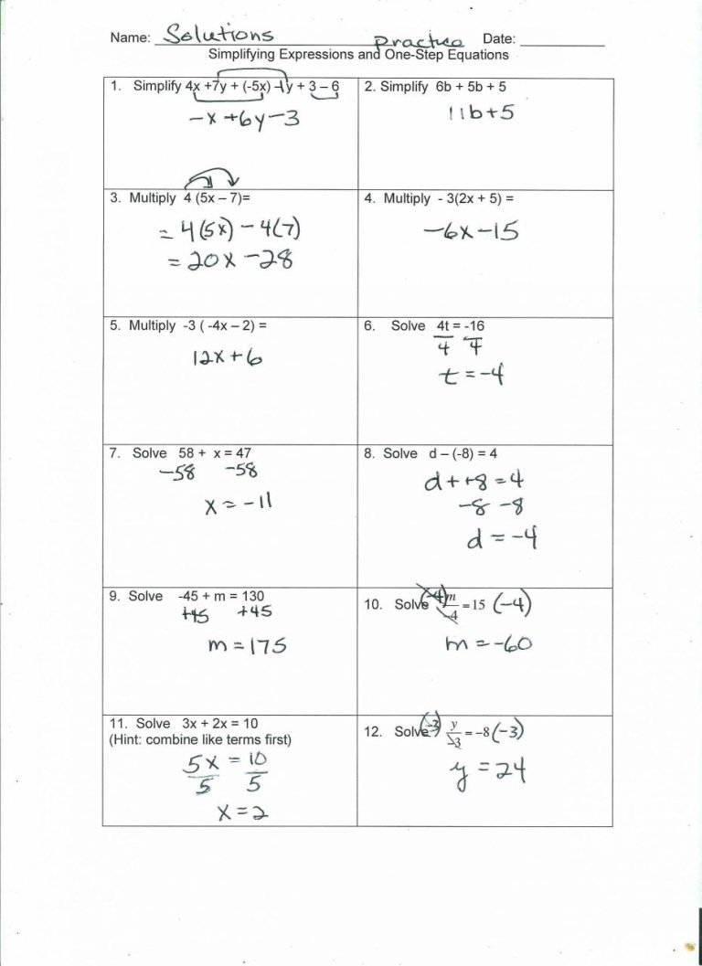 Multi Step Algebraic Equations Worksheet Pdf