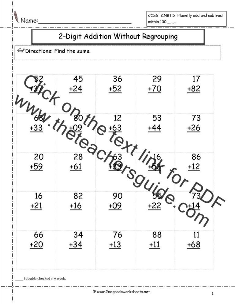 Free Double Digit Addition Worksheets Without Regrouping