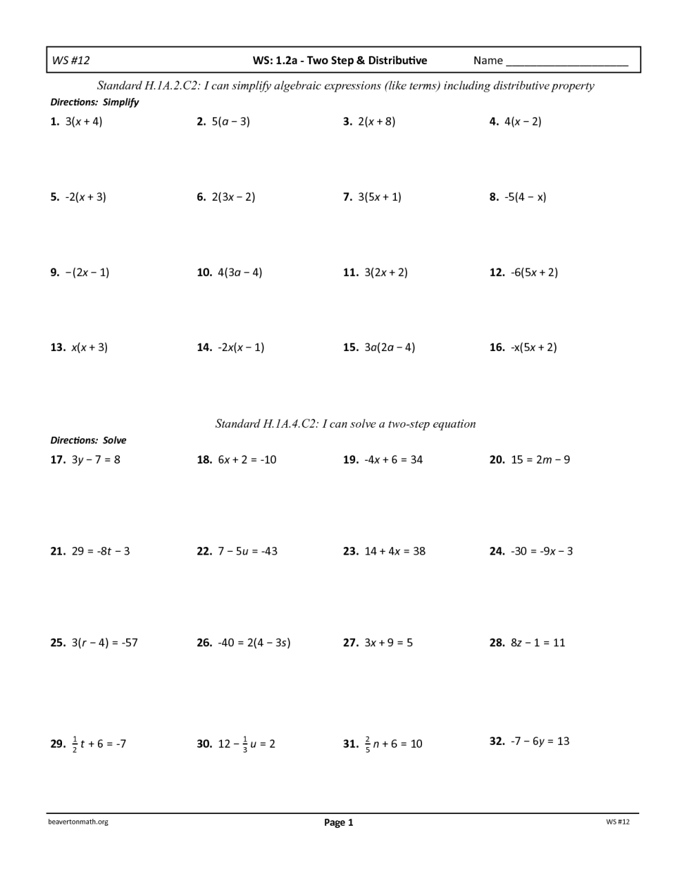 Two Step Equations Worksheets Pdf