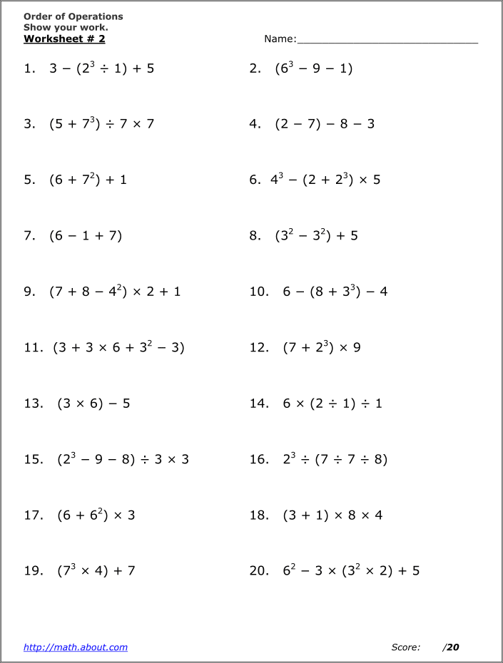 Math Worksheets Order of Operations or PEMDAS