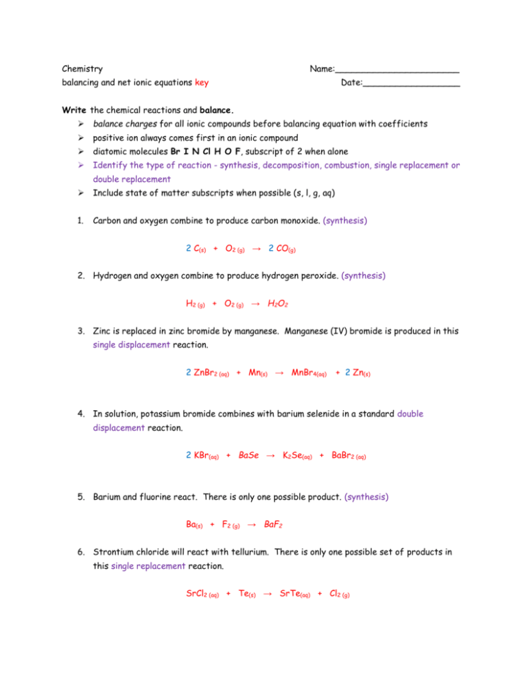 Double Replacement Reaction Worksheet Answer Key