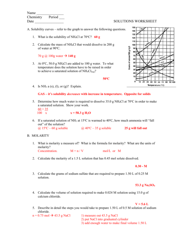 Molarity Worksheet Show Work And Units Answer Key