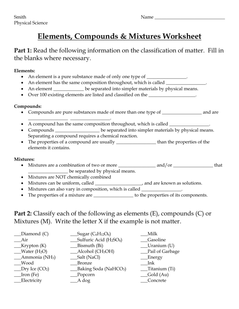 Elements Compounds And Mixtures Worksheet Answers Answer Key