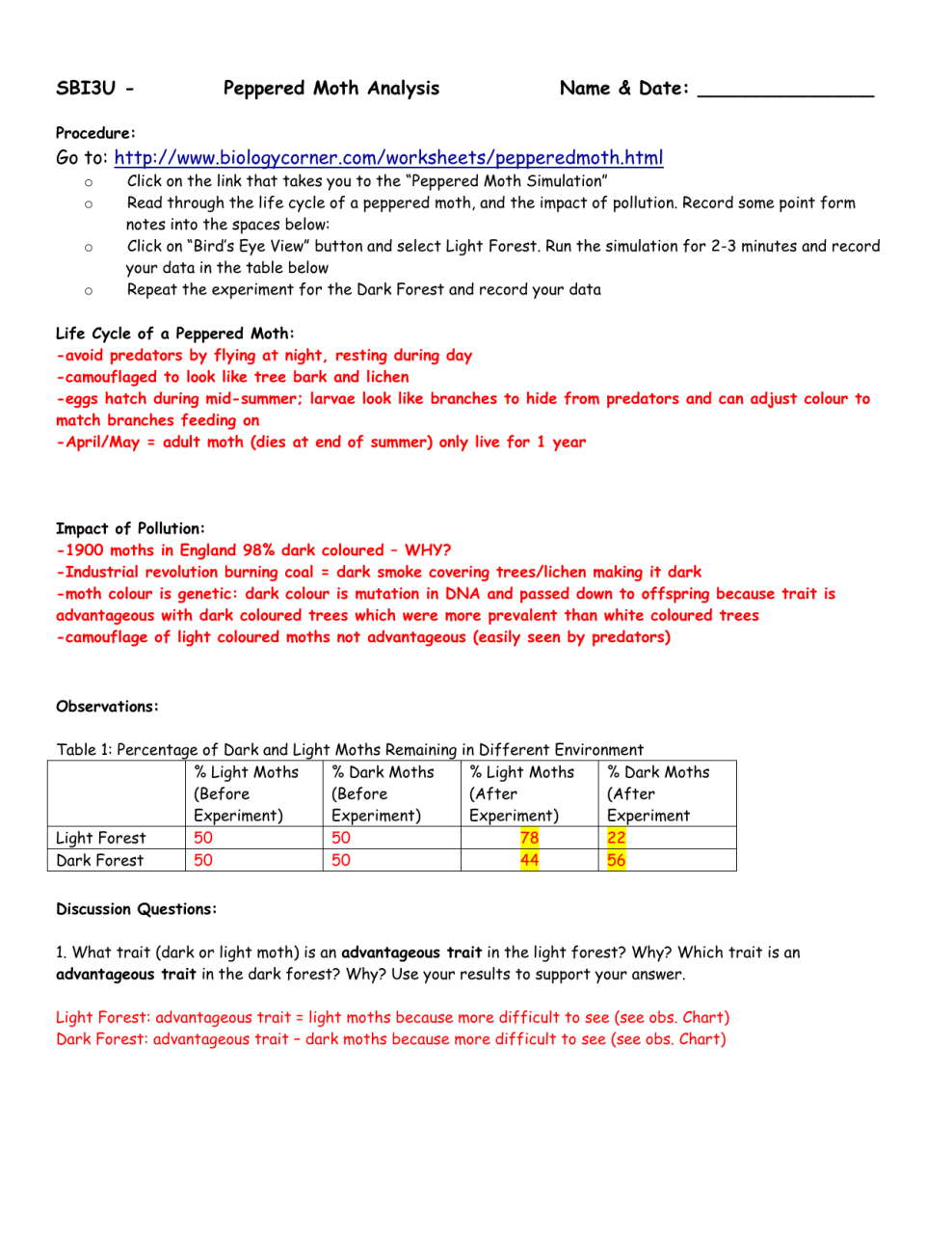 Peppered Moth Simulation Worksheet Answers Peppered Moth Webquest 1