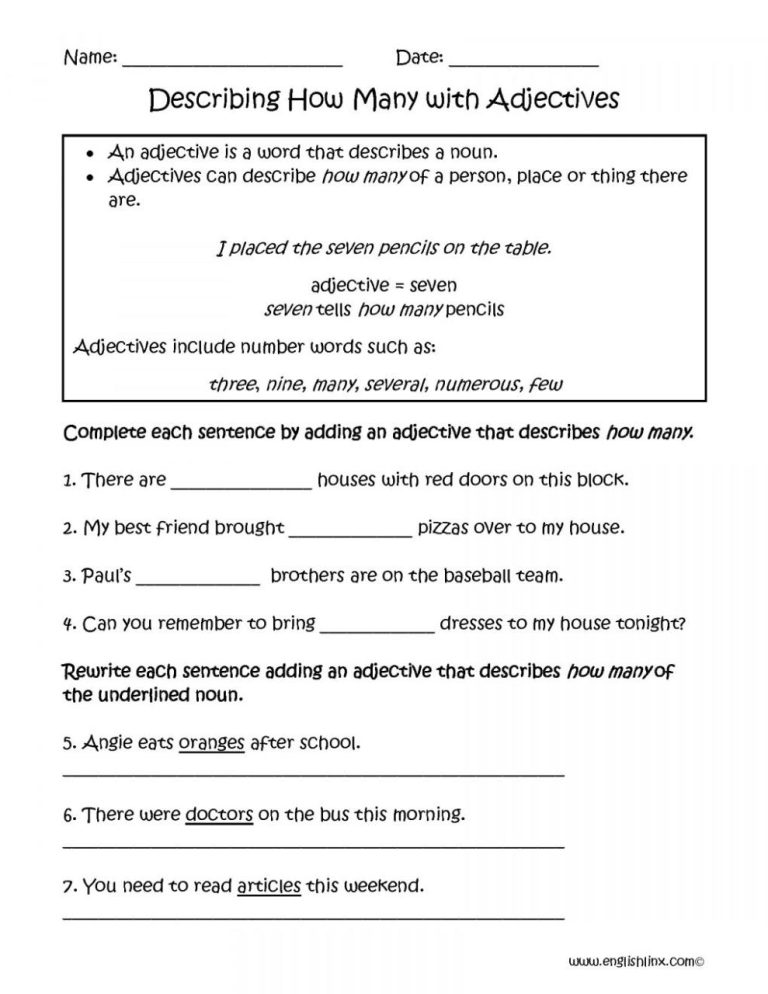 7th Grade Adjectives Worksheets For Grade 7