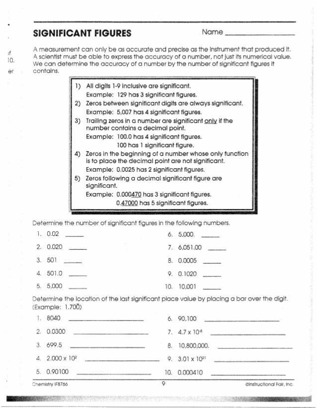 Unit 1 Worksheet 1 Significant Figures Answer Key