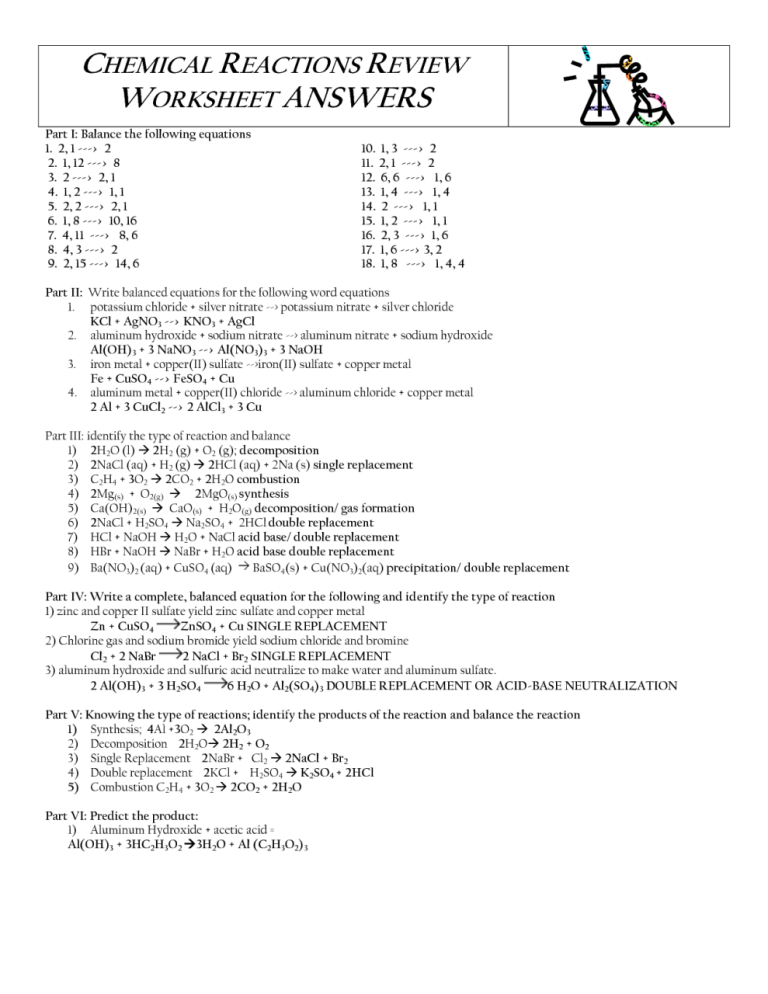 Chemistry Types Of Chemical Reactions Worksheet Answers