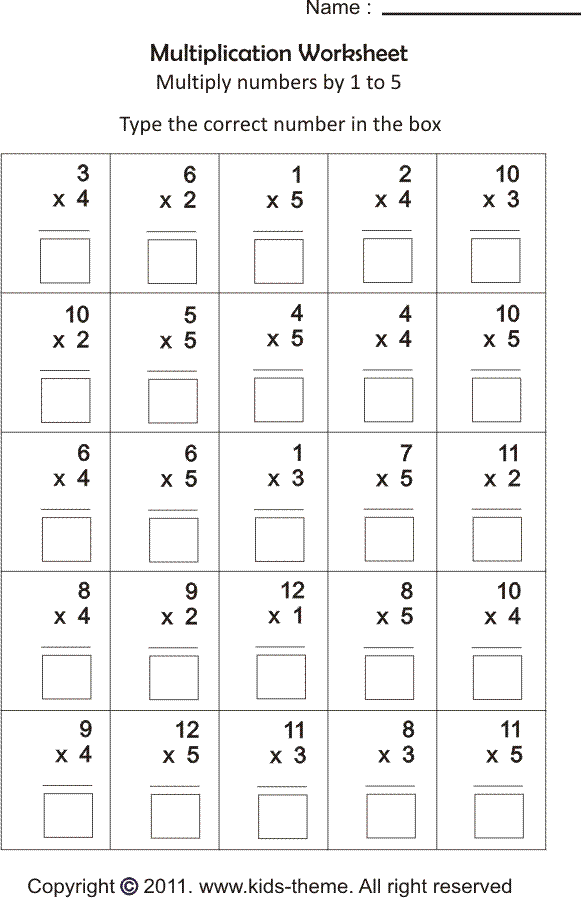 Multiplication Worksheets Multiply Numbers by 1 to 5 Multiplication