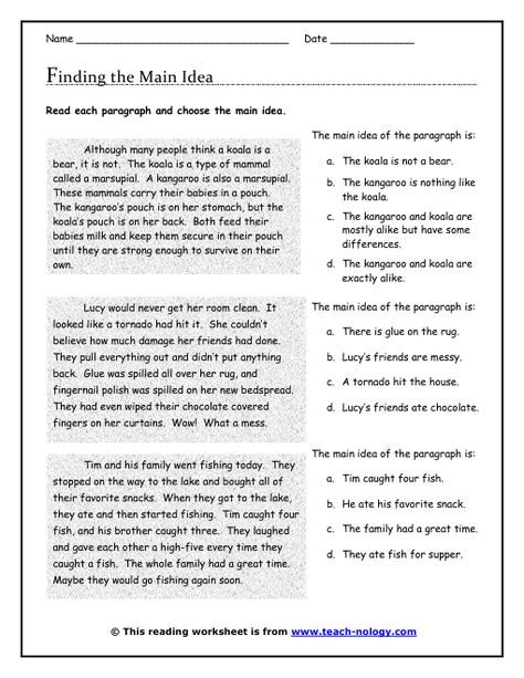 Free Main Idea Worksheets 5th Grade