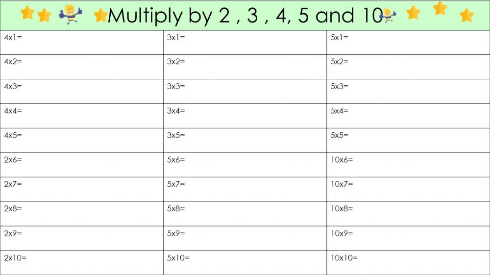 Multiply by 2,3,4,5 and 10 worksheet