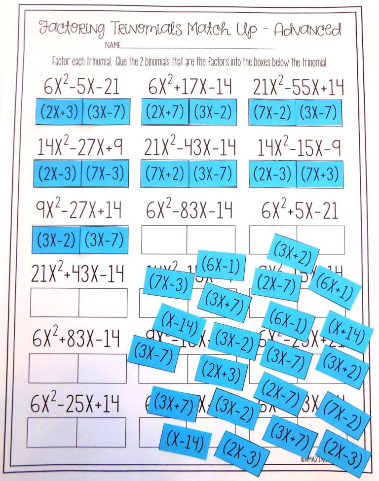 Worksheet Factoring Trinomials (a=1) Answers Key