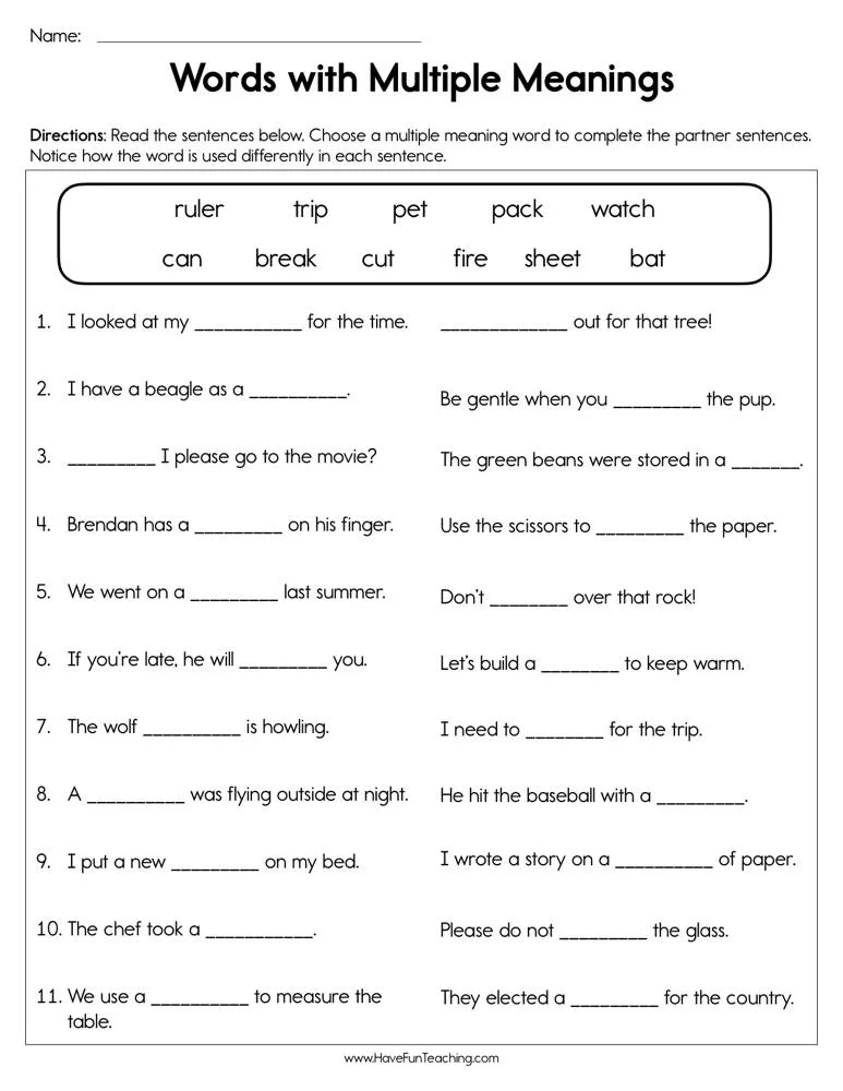 Multiple Meaning Words Worksheets With Pictures