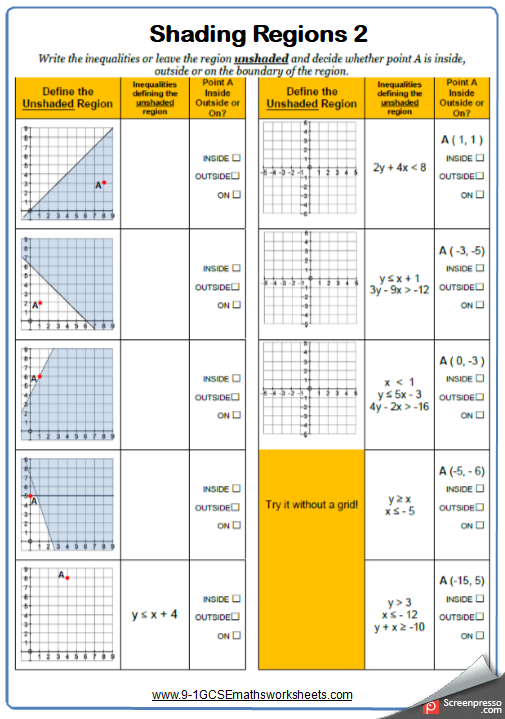 Shading Regions Inequalities Worksheet With Answers