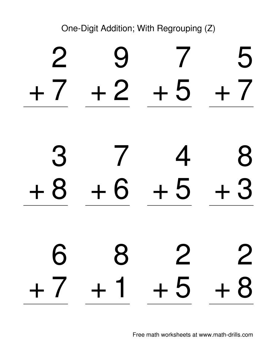 The Single Digit Addition Some Regrouping 12 per page (Z) Math