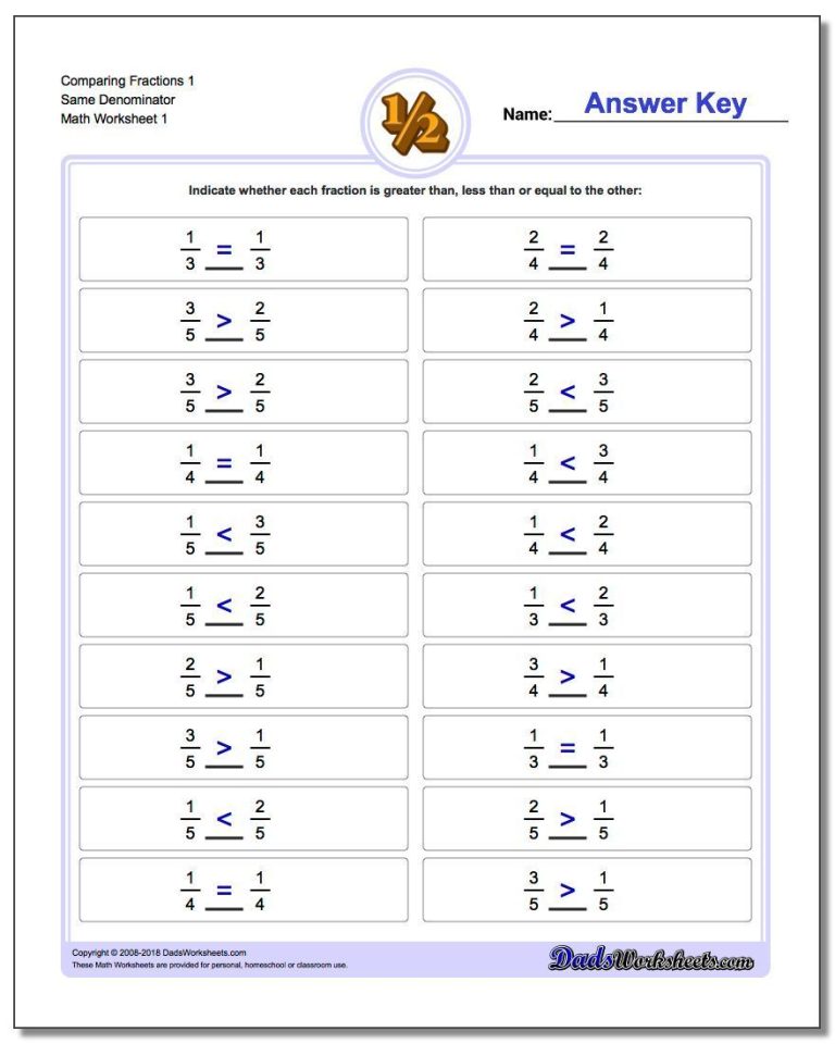Answer Key Equivalent Fractions Worksheet With Answers