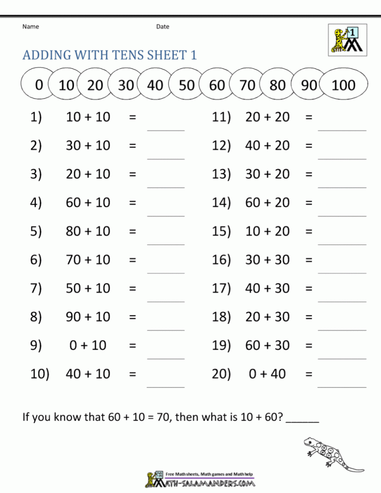 Free First Grade Math Worksheets Tens And Ones