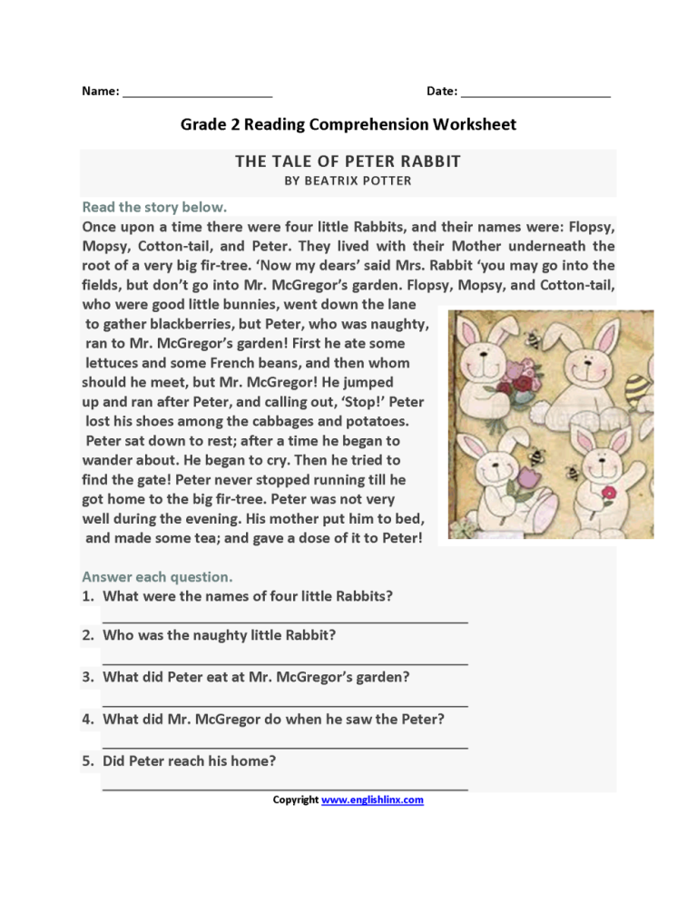 Worksheets Reading Comprehension Grade 2
