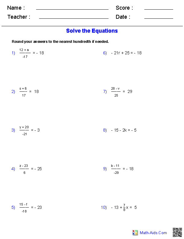 Algebra Solving Equations Worksheets With Answers